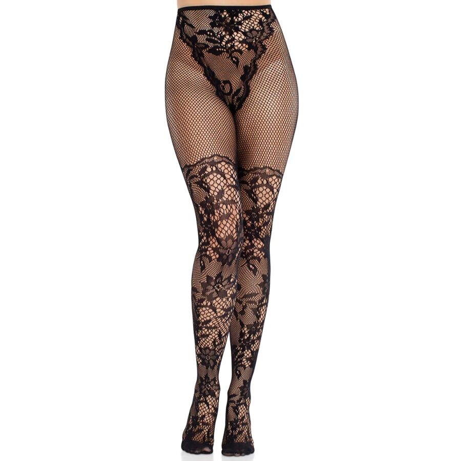 LEG AVENUE - DAHLIA LACE STOCKINGS WITH NET DETAIL BLACK