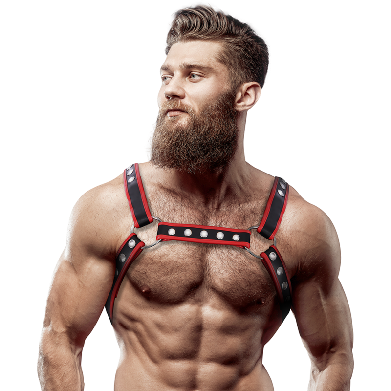 FETISH SUBMISSIVE ATTITUDE - MENS ECO-LEATHER CHEST BULLDOG HARNESS BLACK/RED