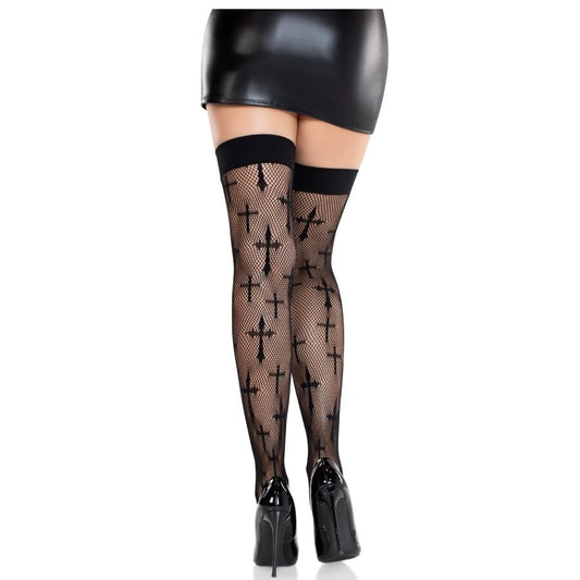 LEG AVENUE - WORSHIP ME LACE STOCKINGS BLACK